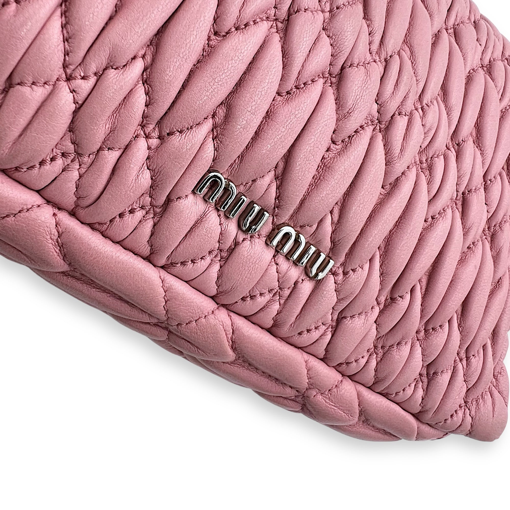 Miu Miu Matelassé Shoulder Bag Pink in Lambskin, Silver hardware_13