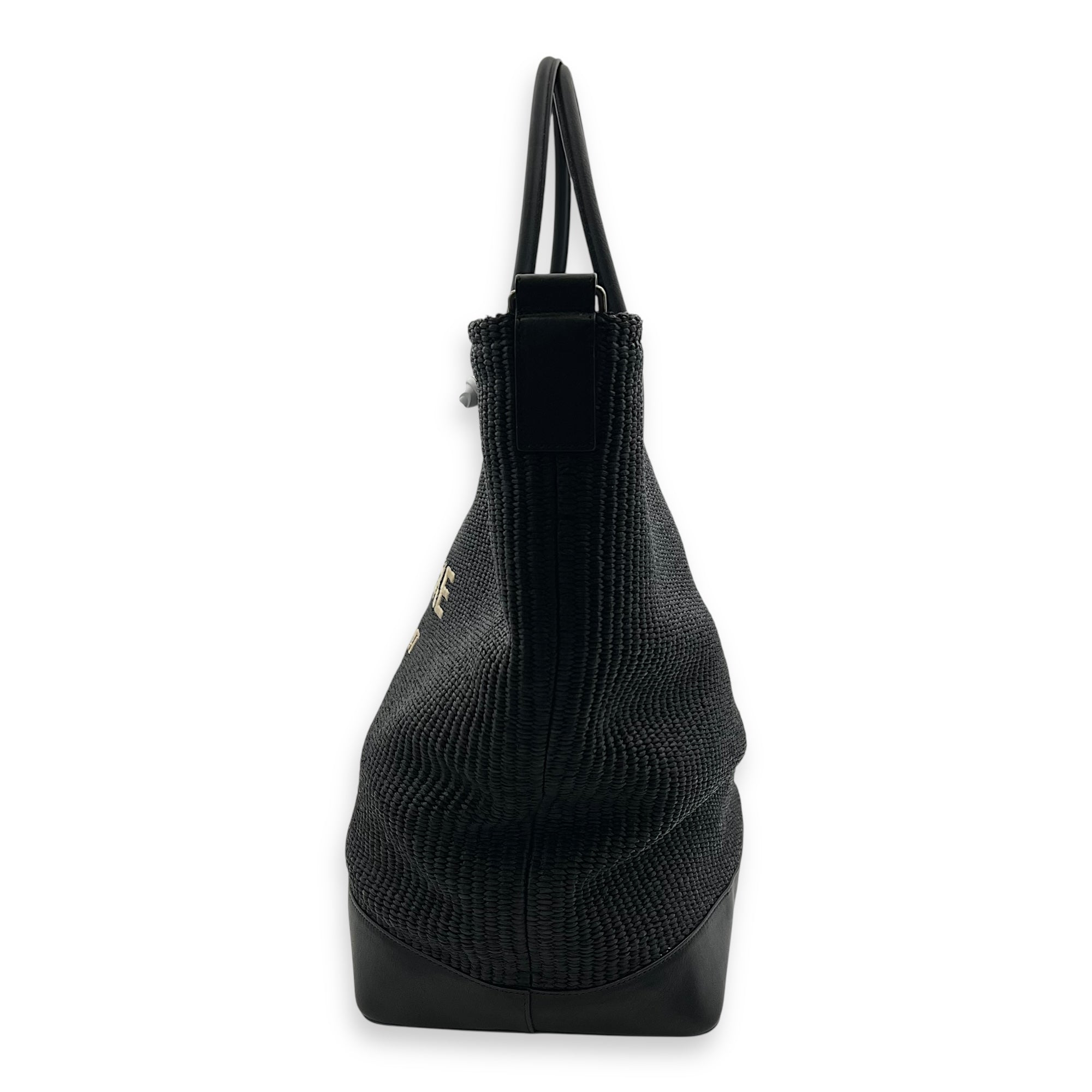 Saint Laurent Rive Gauche Tote Bag Black in Raffia, Silver hardware_4