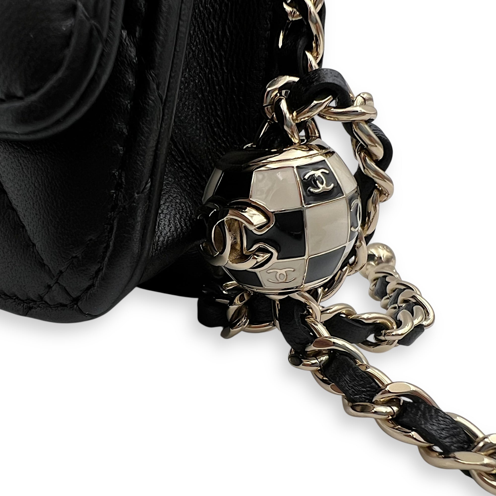 Chanel CC Pearl Crush Checkered Black Wallet On Chain in Lambskin, Light Gold hardware_12