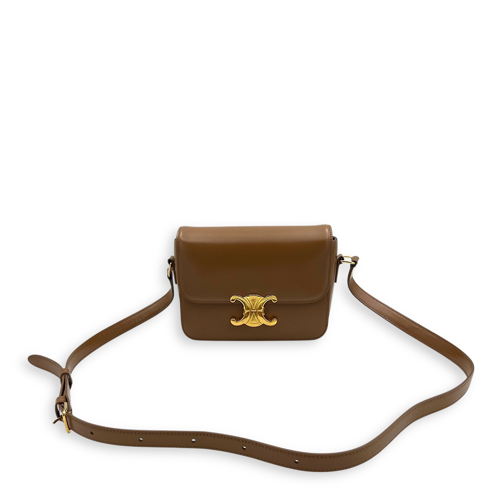 Celine Triomphe Shoulder Bag Brown in Calfskin, Gold hardware_13