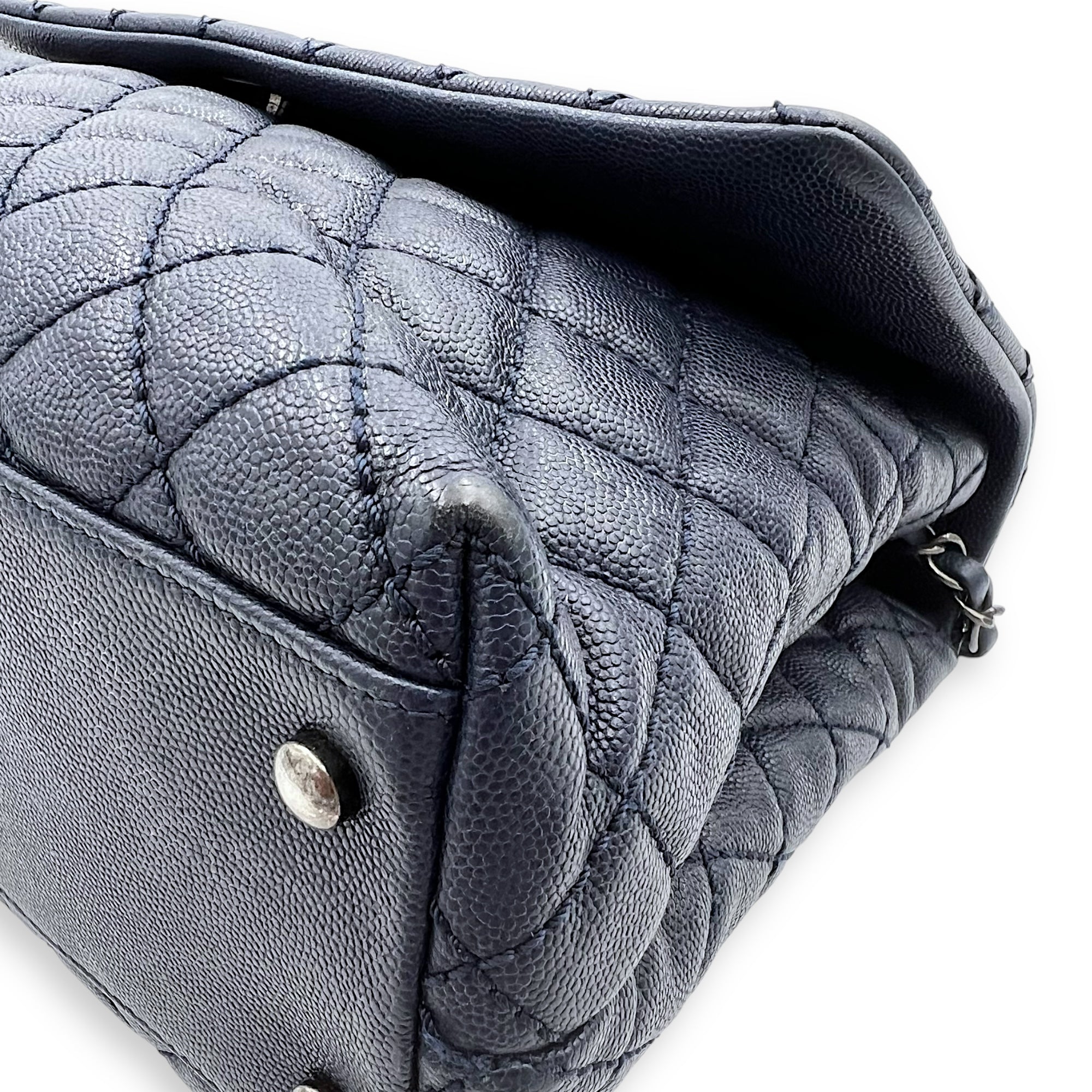 Chanel Coco Handle Quilted Top Handle Bag Blue in Caviar Leather, Silver hardware_13