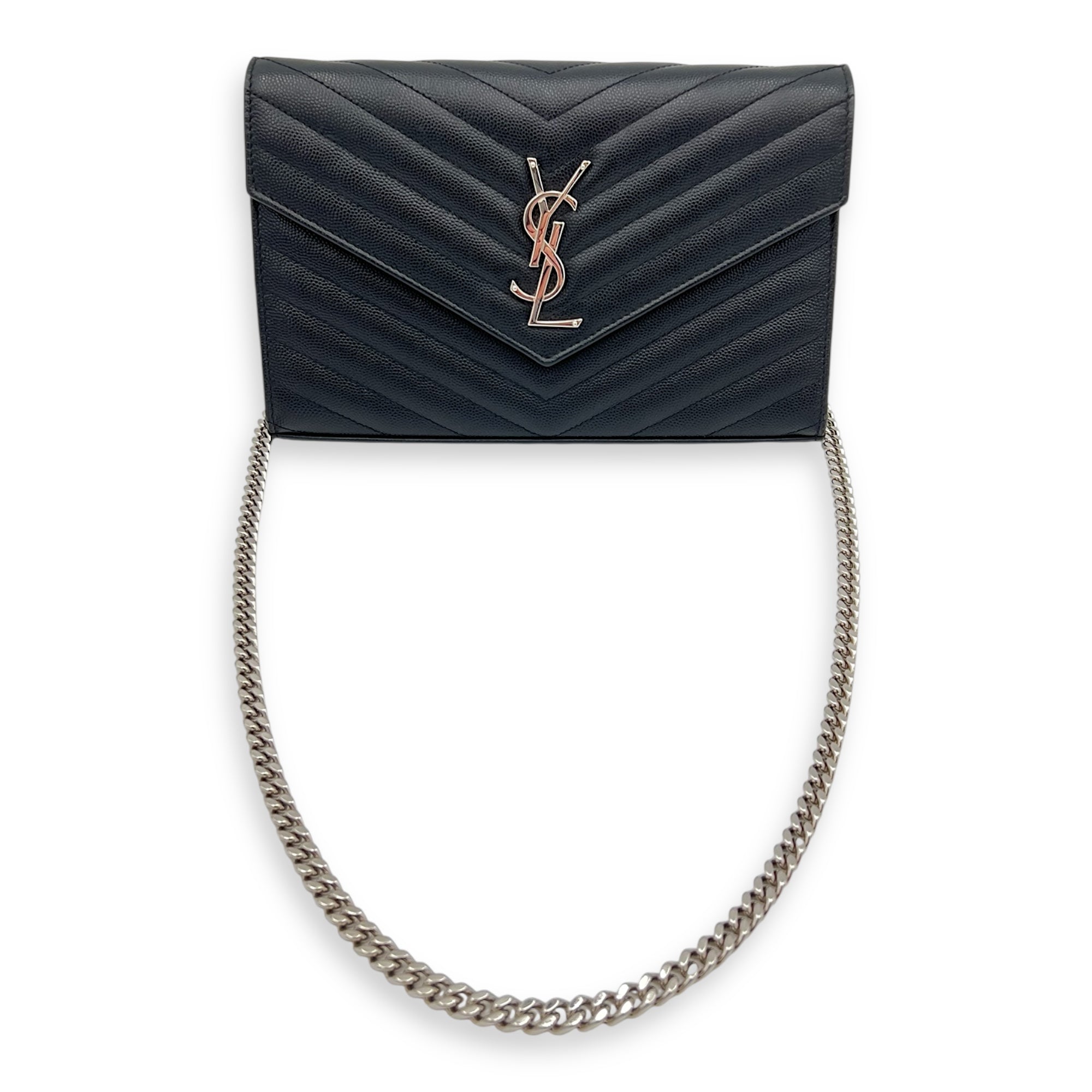 Saint Laurent Cassandre Wallet On Chain Black in Calfskin, Silver hardware_4