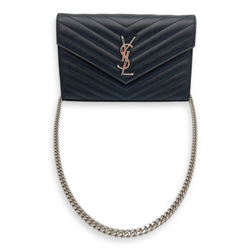 Saint Laurent Cassandre Wallet On Chain Black in Calfskin, Silver hardware_4