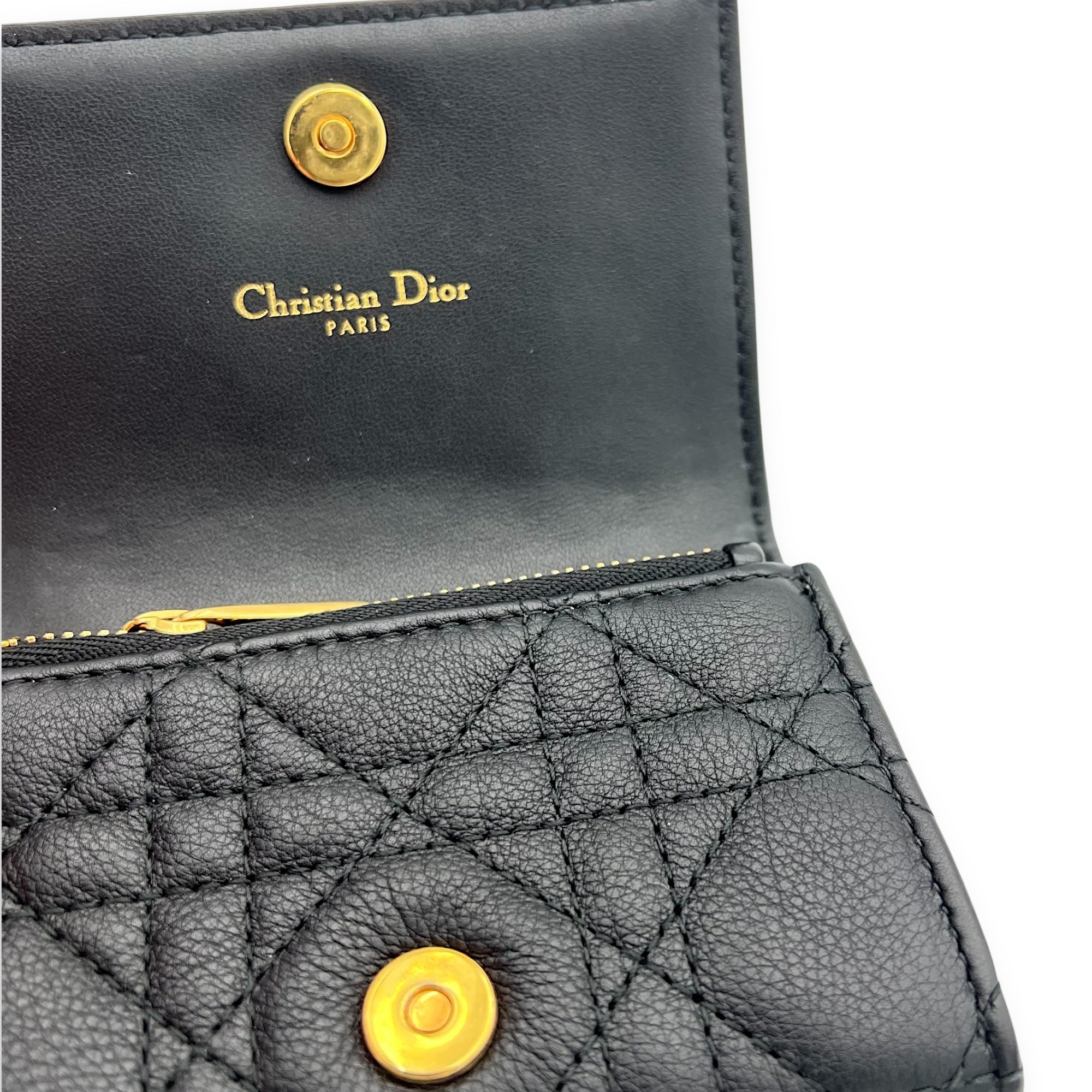 Dior Cannage Card Holder Black in Calfskin, Gold hardware_13