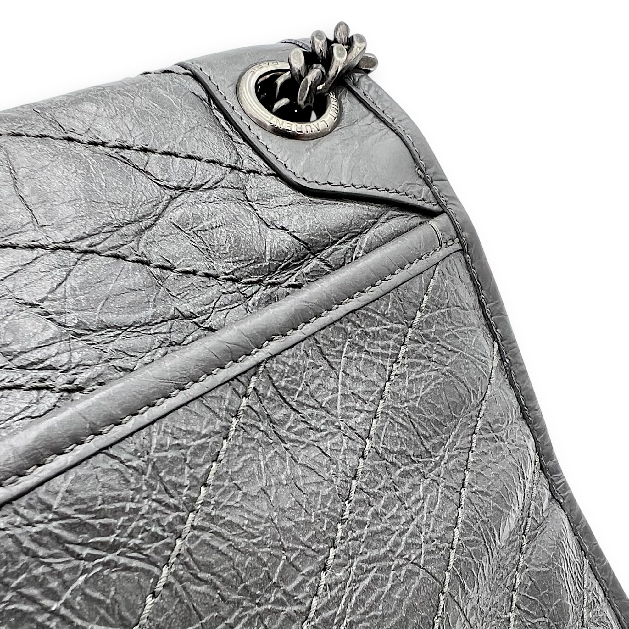 Saint Laurent Niki Shoulder Bag Grey in Calfskin, Ruthenium hardware_13
