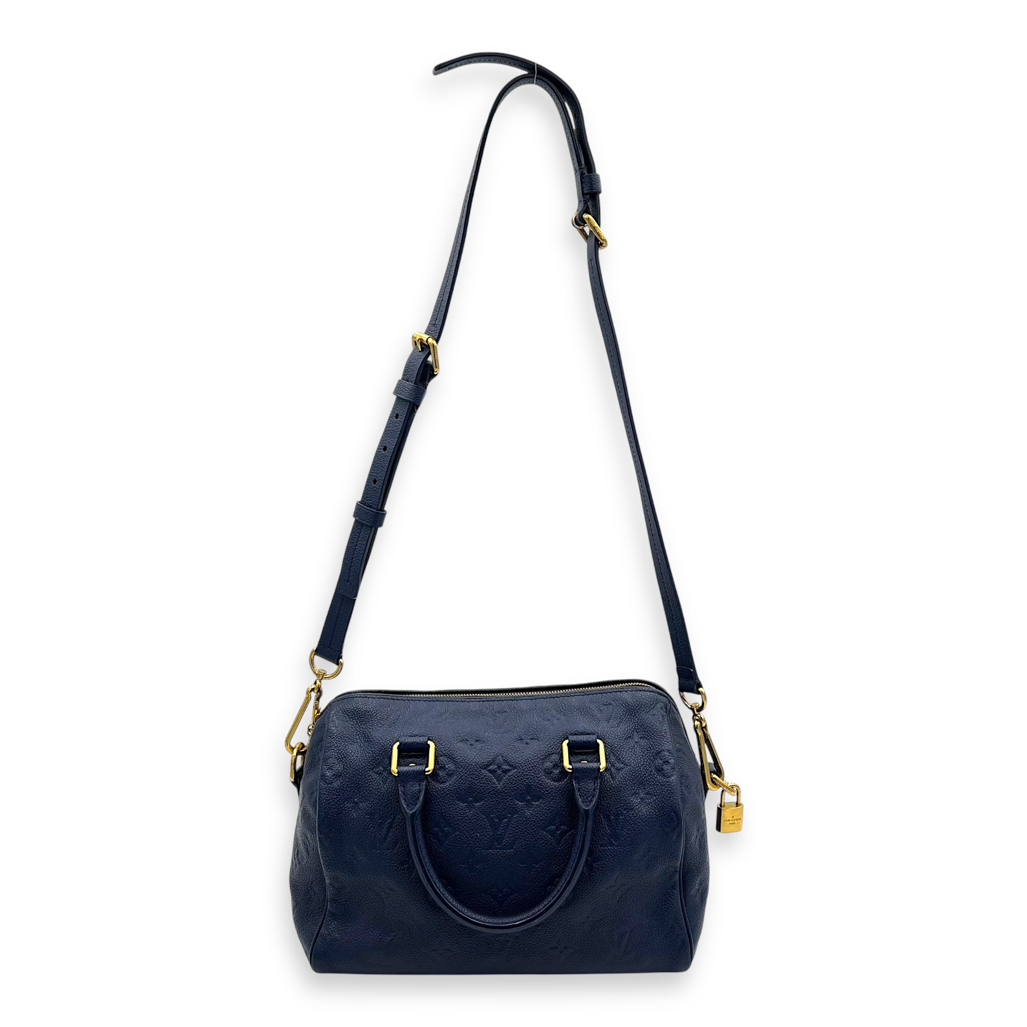 Louis Vuitton Speedy Bandouliere Top Handle Bag Blue in Empreinte Leather, Gold hardware_5