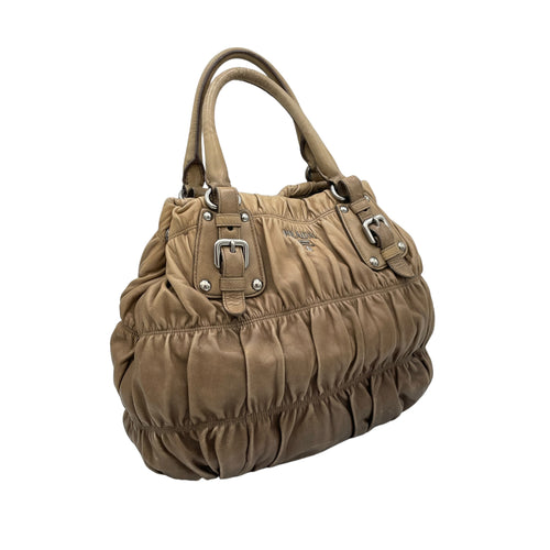 Gaufre Brown Top Handle Bag in Lambskin, Silver hardware