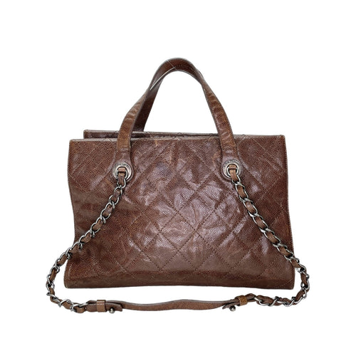 Two-way Brown Top Handle Bag in Caviar Leather, Ruthenium hardware