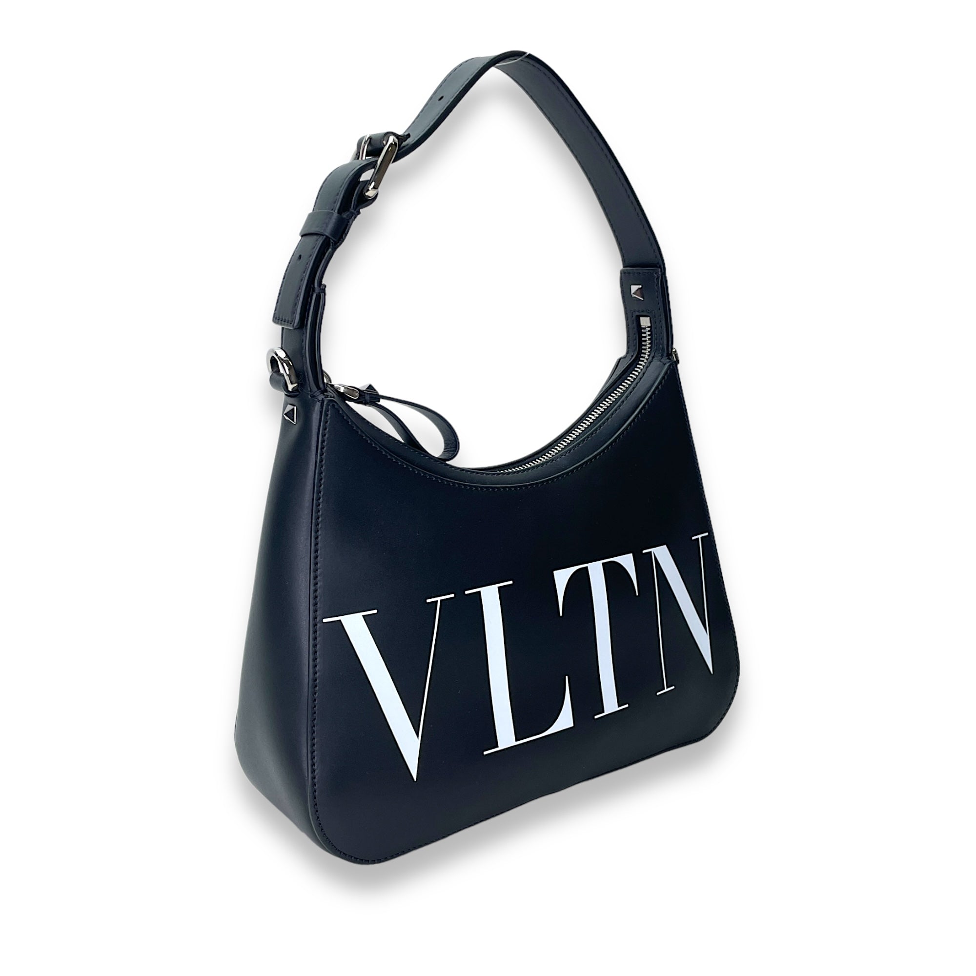 VLTN Hobo Small Black Shoulder Bag in Calfskin, Silver hardware