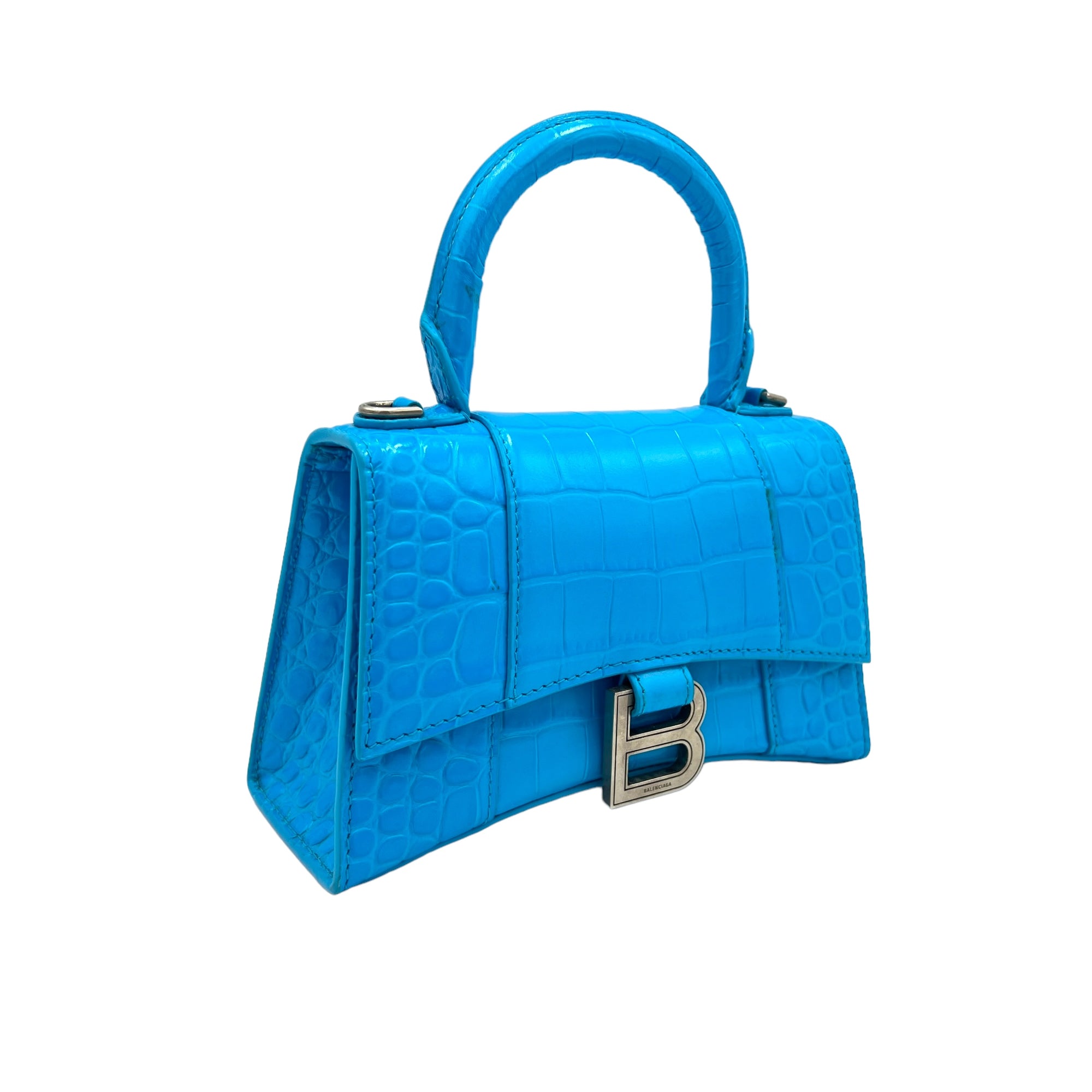 Hourglass XS Blue Top Handle Bag in Calfskin, Silver hardware