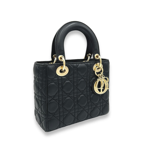 Lady Dior Small Black Top Handle Bag in Lambskin, Light Gold hardware