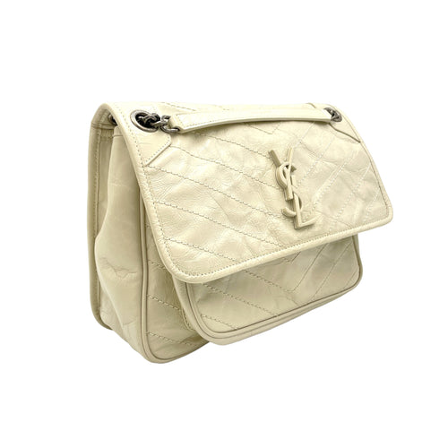 Niki Medium Cream Shoulder Bag in Distressed Leather, Ruthenium hardware