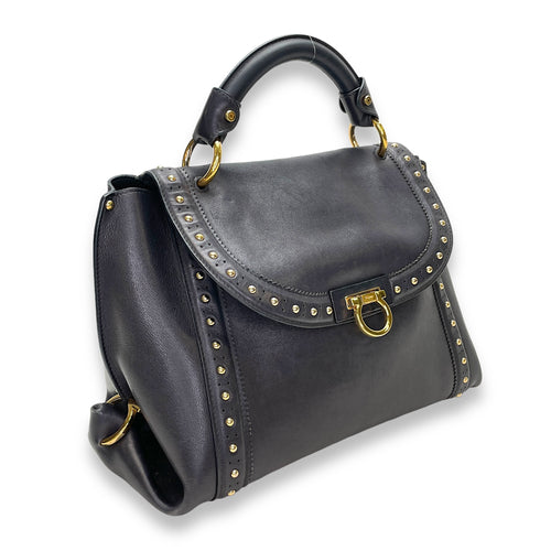 Gancini Top Handle Bag Black in Calfskin, Gold hardware