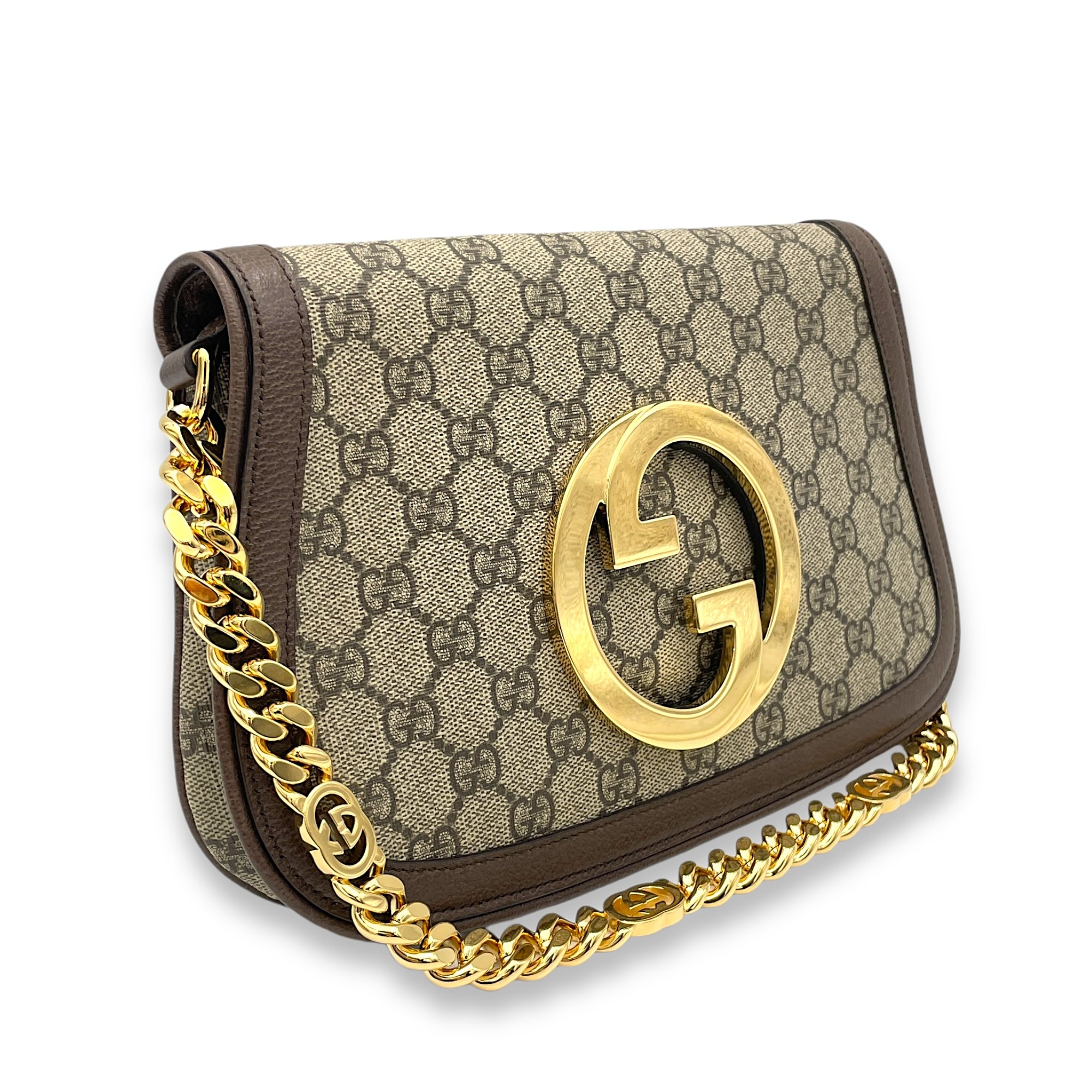 Blondie Small Brown Shoulder Bag in Monogram Coated Canvas, Gold hardware