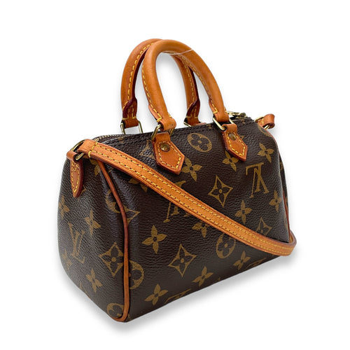 Speedy Bandouliere Top Handle Bag Nano Brown in Monogram Coated Canvas, Gold hardware