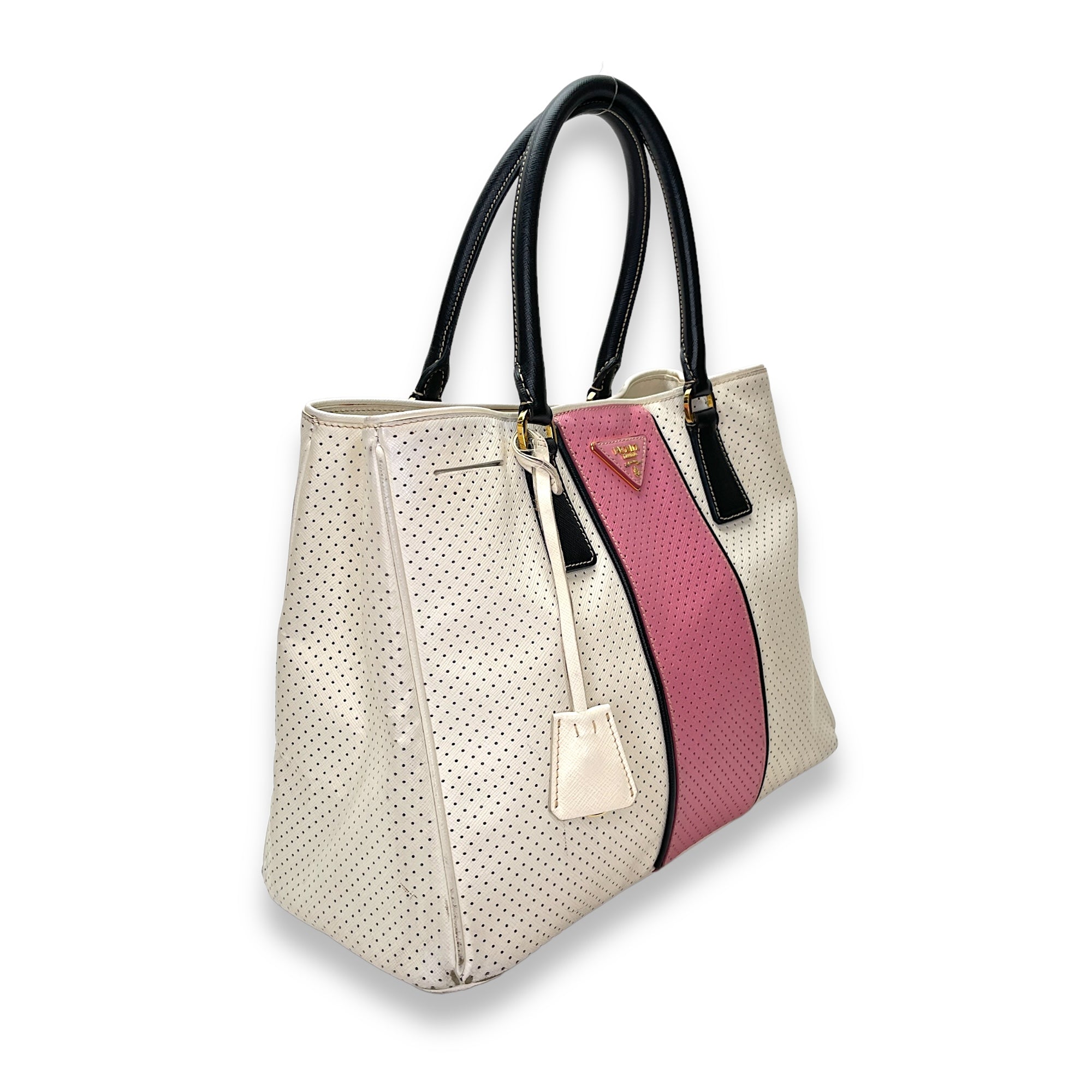 Perforated Galleria White Top Handle Bag in Calfskin, Gold hardware