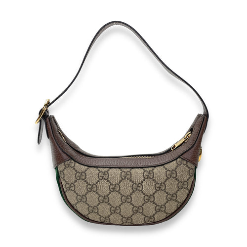 Ophidia Mini Brown Shoulder Bag in Monogram Coated Canvas, Gold hardware