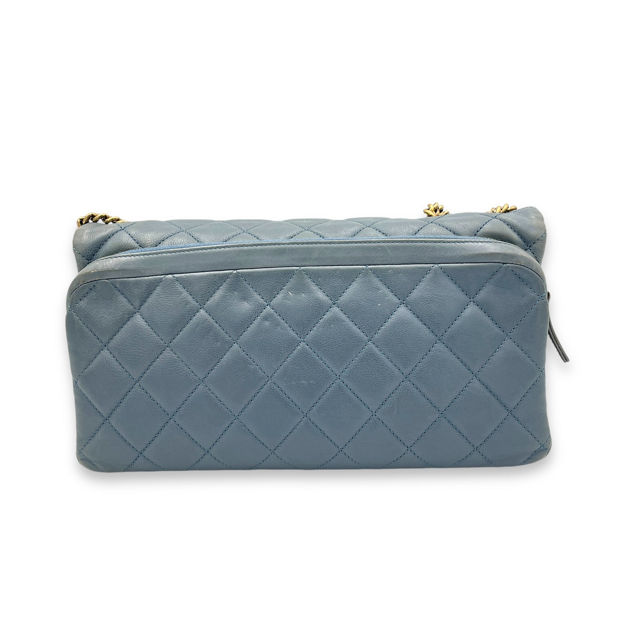 Double Crossbody Bag Grey in Calfskin, Gold hardware