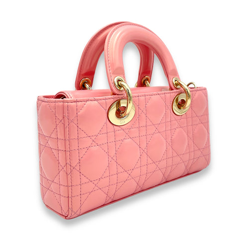 Lady D-Joy Small Pink Top Handle Bag in Patent Leather, Gold hardware