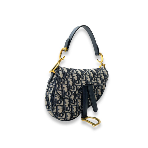 Saddle Top Handle Bag Mini Blue in Jacquard, Gold hardware