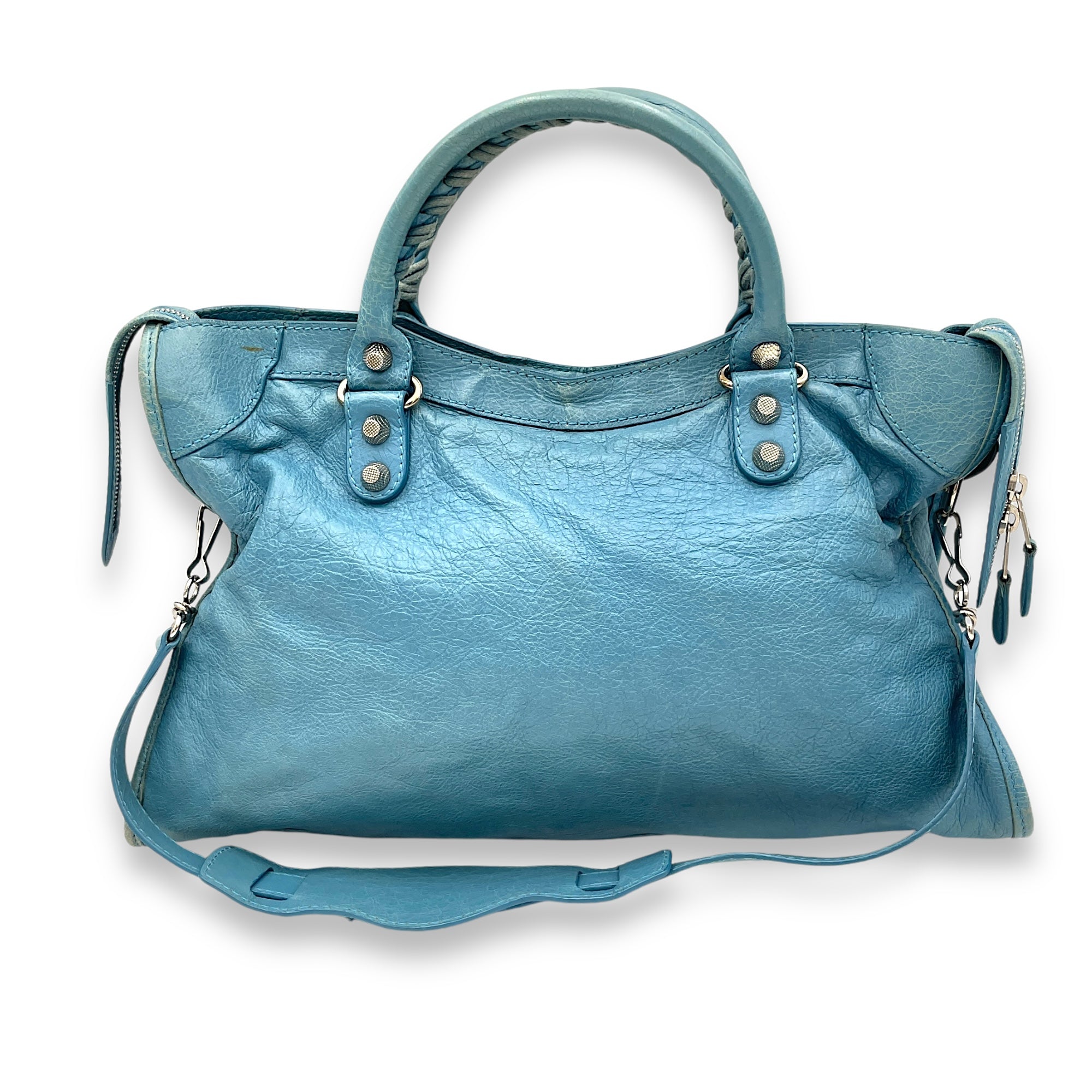 City Medium Blue Top Handle Bag in Distressed Leather, Silver hardware