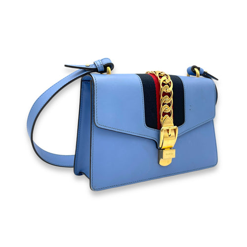 Sylvie Small Blue Shoulder Bag in Calfskin, Gold hardware