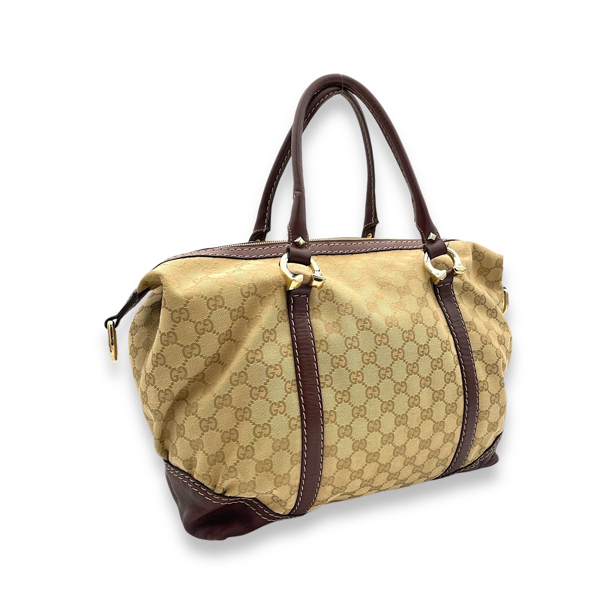 Horsebit Nail Boston  Top Handle Bag Brown in Canvas, Gold hardware