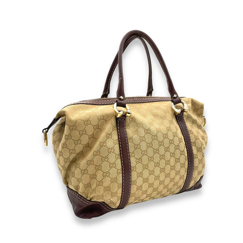 Horsebit Nail Boston  Top Handle Bag Brown in Canvas, Gold hardware