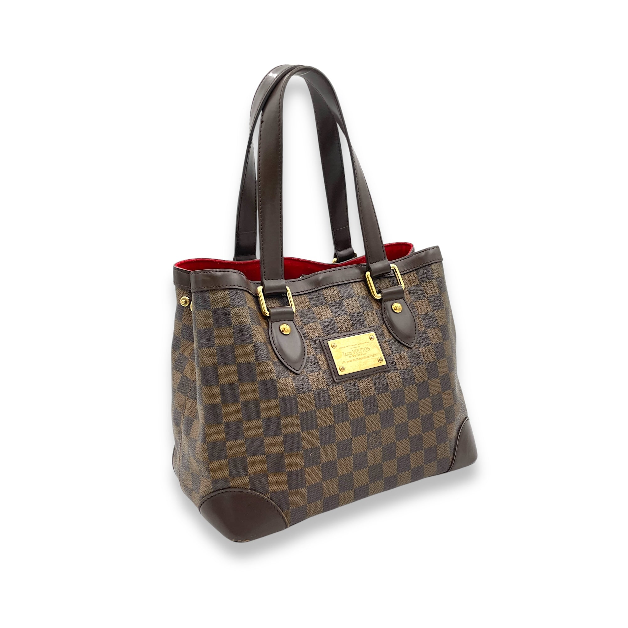 Hampstead PM Damier Ebene Top Handle Bag in Coated Canvas, Gold hardware