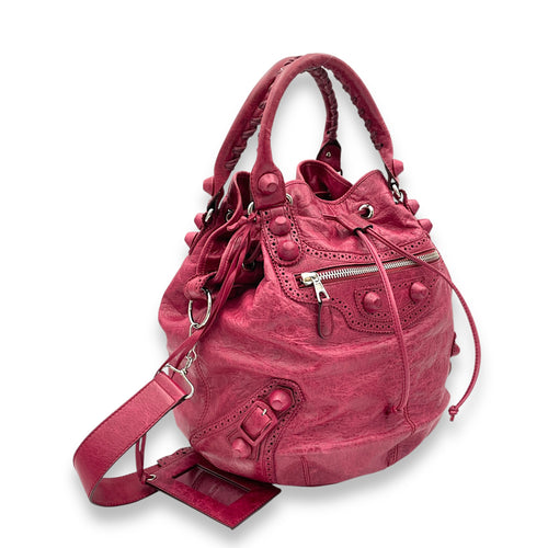 PomPon Red Top Handle Bag in Distressed Leather, Silver hardware