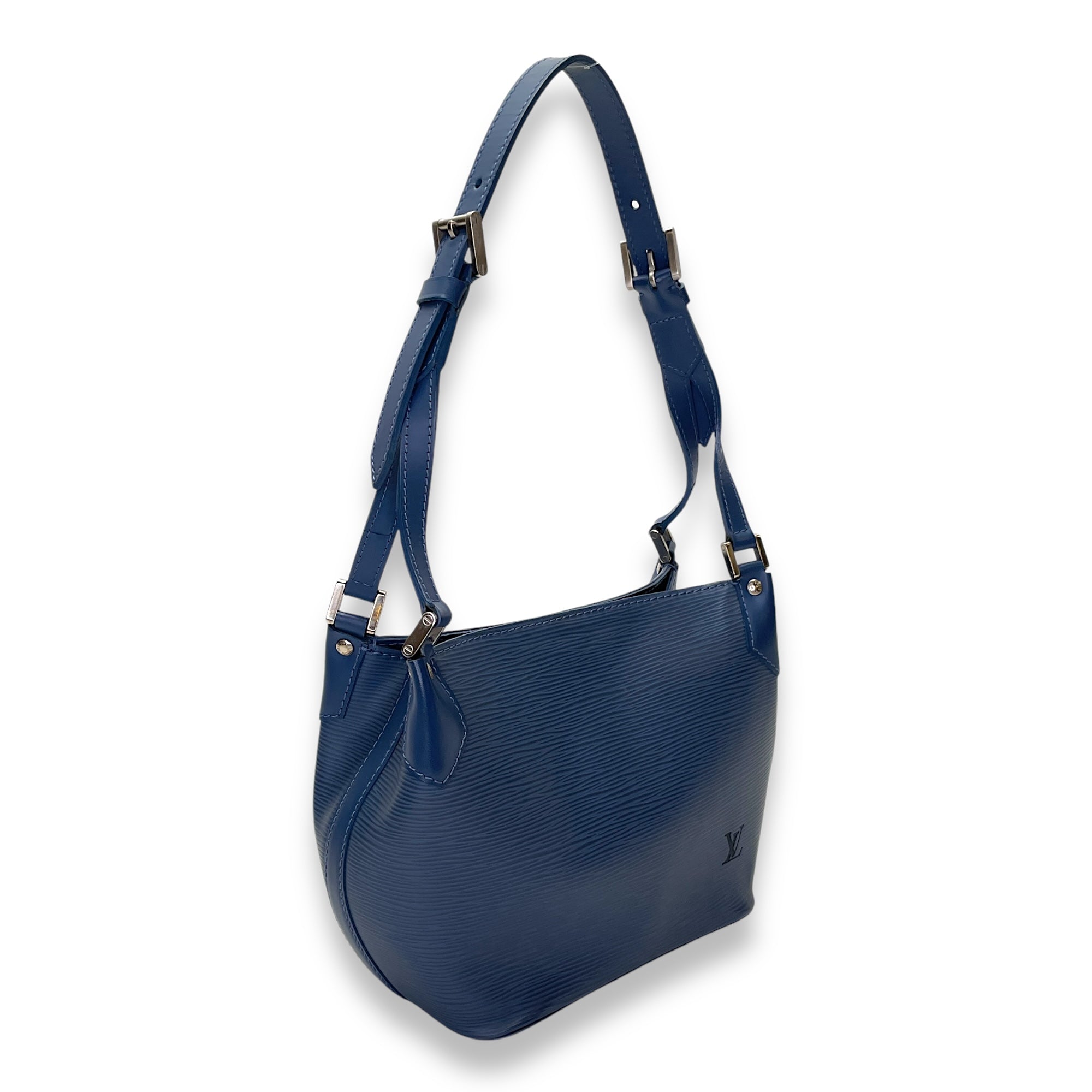 Mandara Shoulder Bag Blue in Epi Leather, Silver hardware