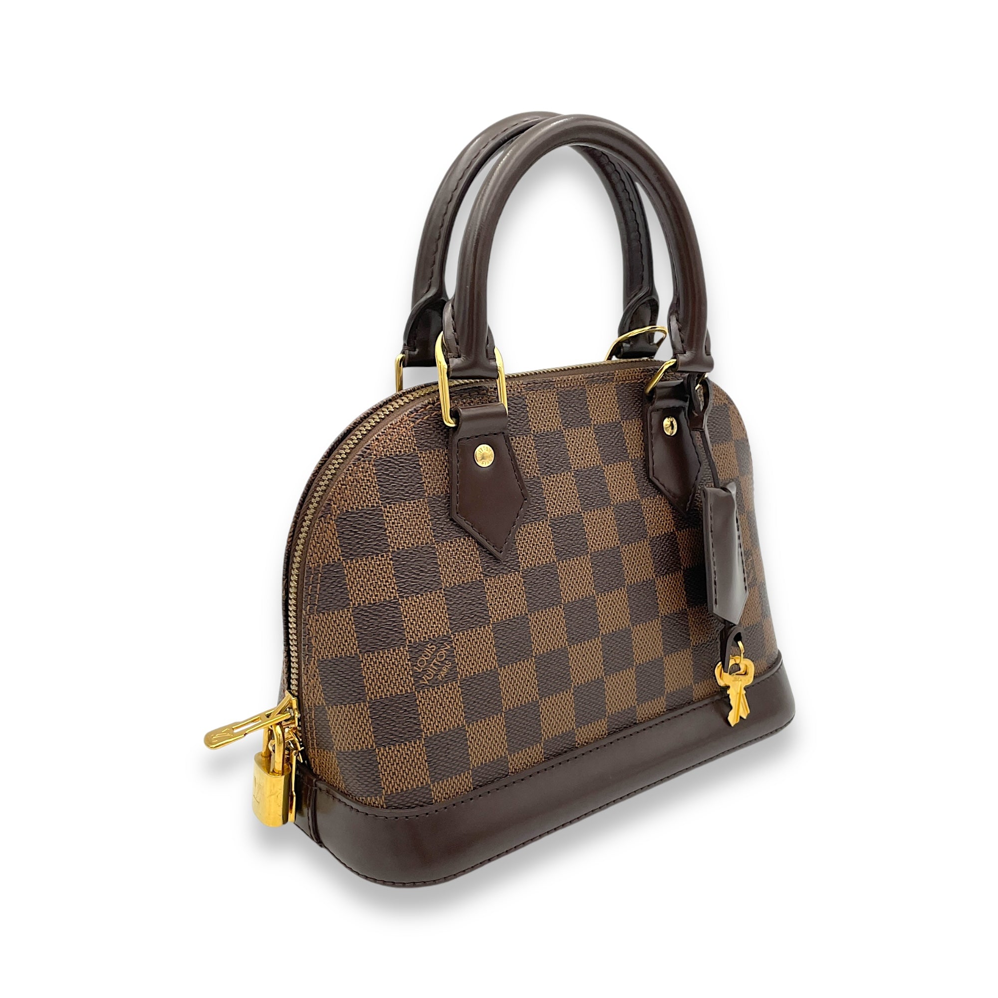 Alma BB Damier Ebene Top Handle Bag in Coated Canvas, Gold hardware