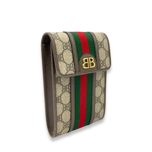 x Gucci The Hacker Project Web Phone Crossbody Bag Brown in Monogram Coated Canvas, Gold hardware