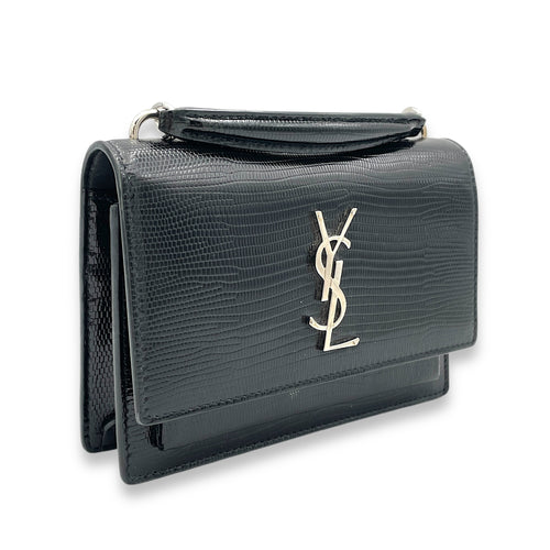 Sunset Black Crossbody Bag in Lizard Embossed, Silver hardware