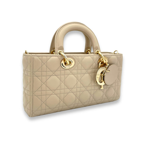 Lady d-joy Medium Top handle bag in Lambskin, Light Gold Hardware