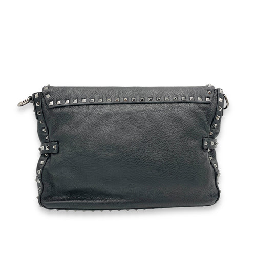 Rockstud Flap Black Messenger in Calfskin, Silver hardware