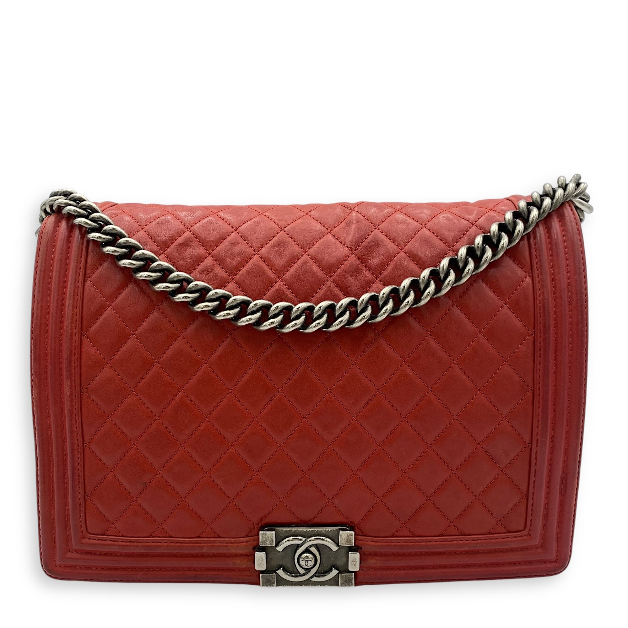 Boy Shoulder Bag Red in Lambskin, Ruthenium hardware