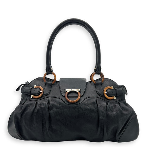 Gancini Top Handle Bag Black in Calfskin, Silver hardware