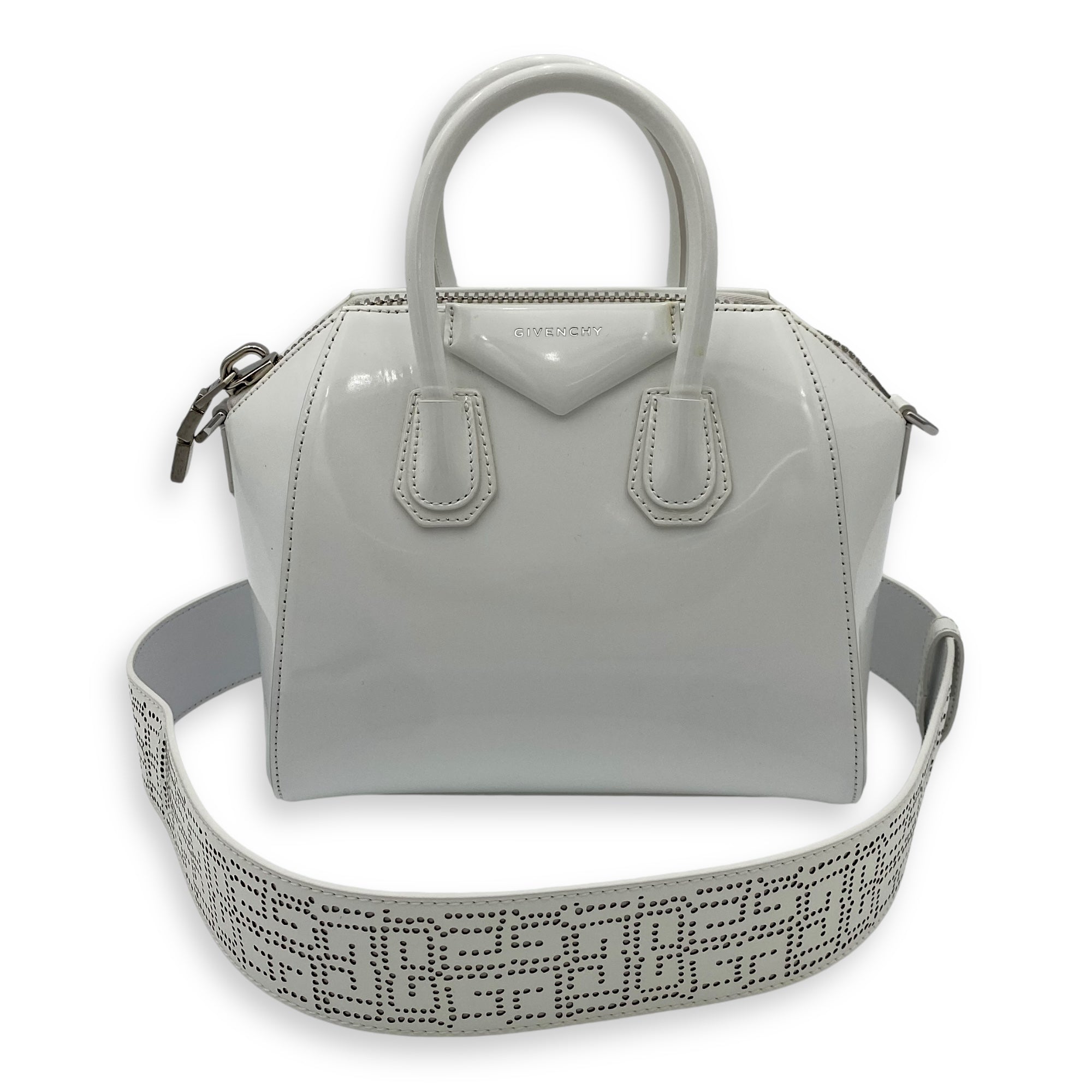 Antigona Mini White Top Handle Bag in Patent Leather, Silver hardware