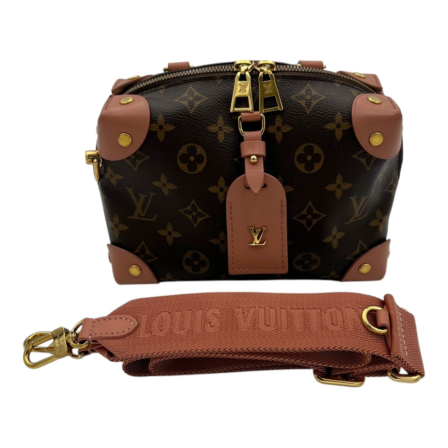 Petite Malle Souple Crossbody Bag Brown in Monogram Coated Canvas, Gold hardware