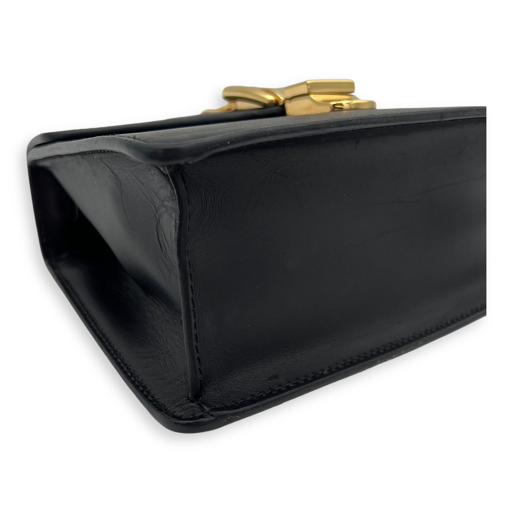 Sylvie Mini Black Top Handle Bag in Calfskin, Gold hardware