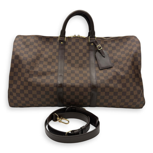 Keepall Duffle Bag 55 Damier Ebene in Coated Canvas, Gold hardware