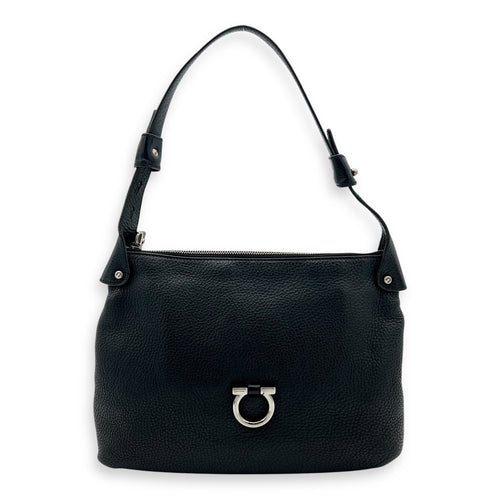 Salvatore Ferragamo Gancini Black Shoulder Bag in Calfskin, Silver hardware_1