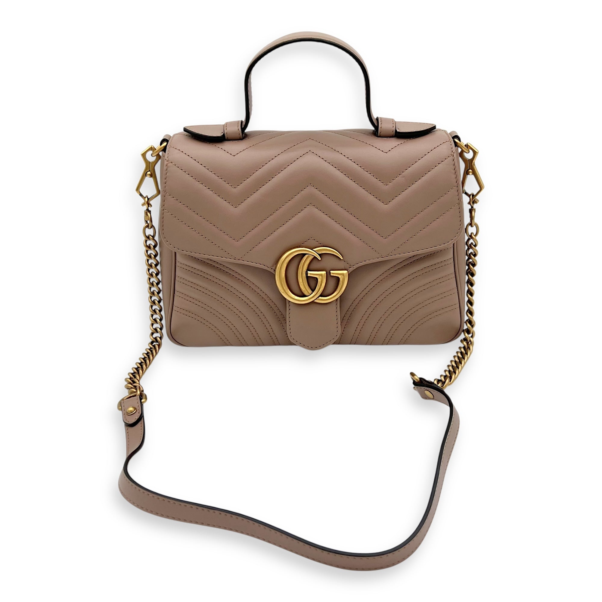 Gucci GG Marmont Top Handle Bag Beige in Calfskin, Gold hardware_14