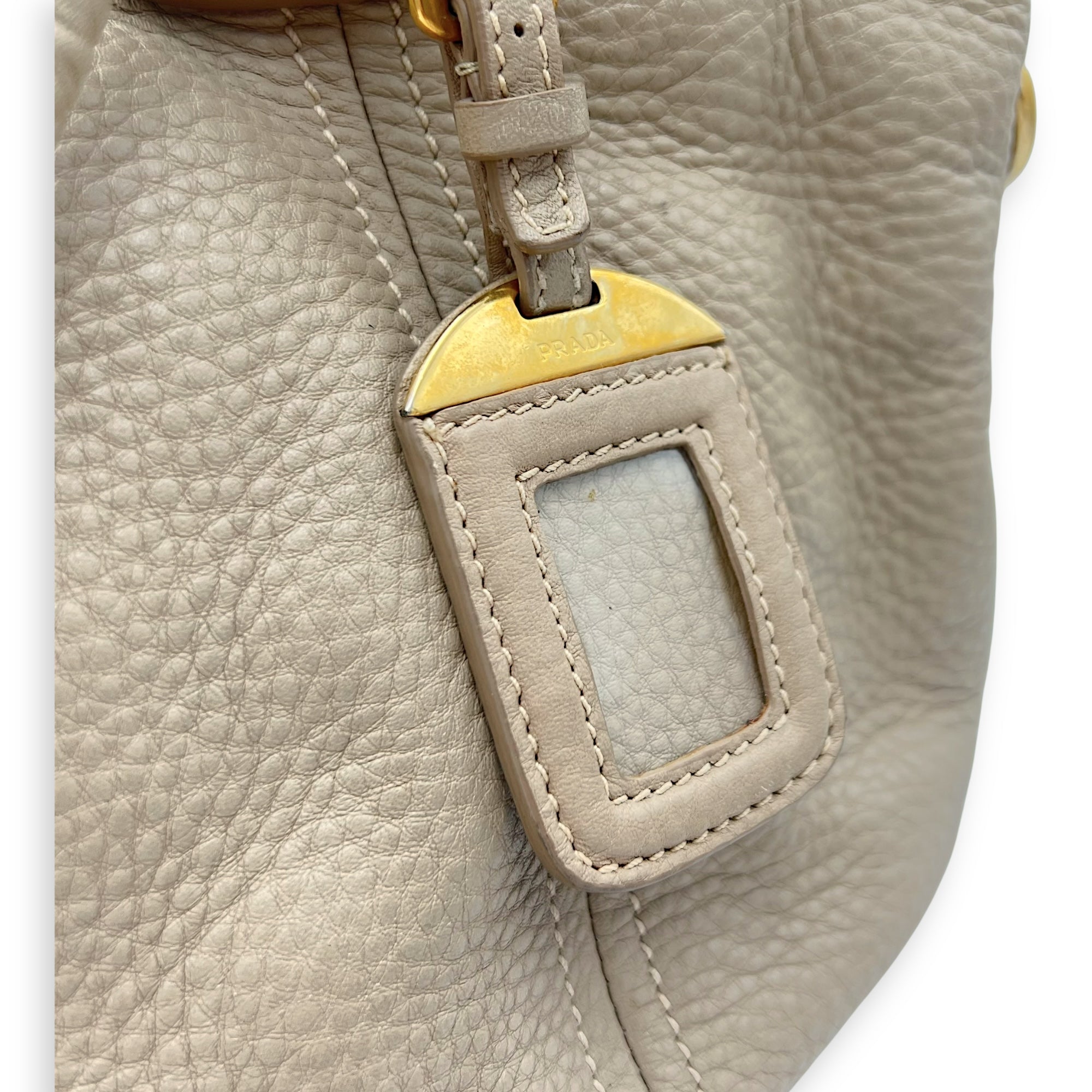 Prada Logo Top Handle Bag Beige in Calfskin, Gold hardware_14