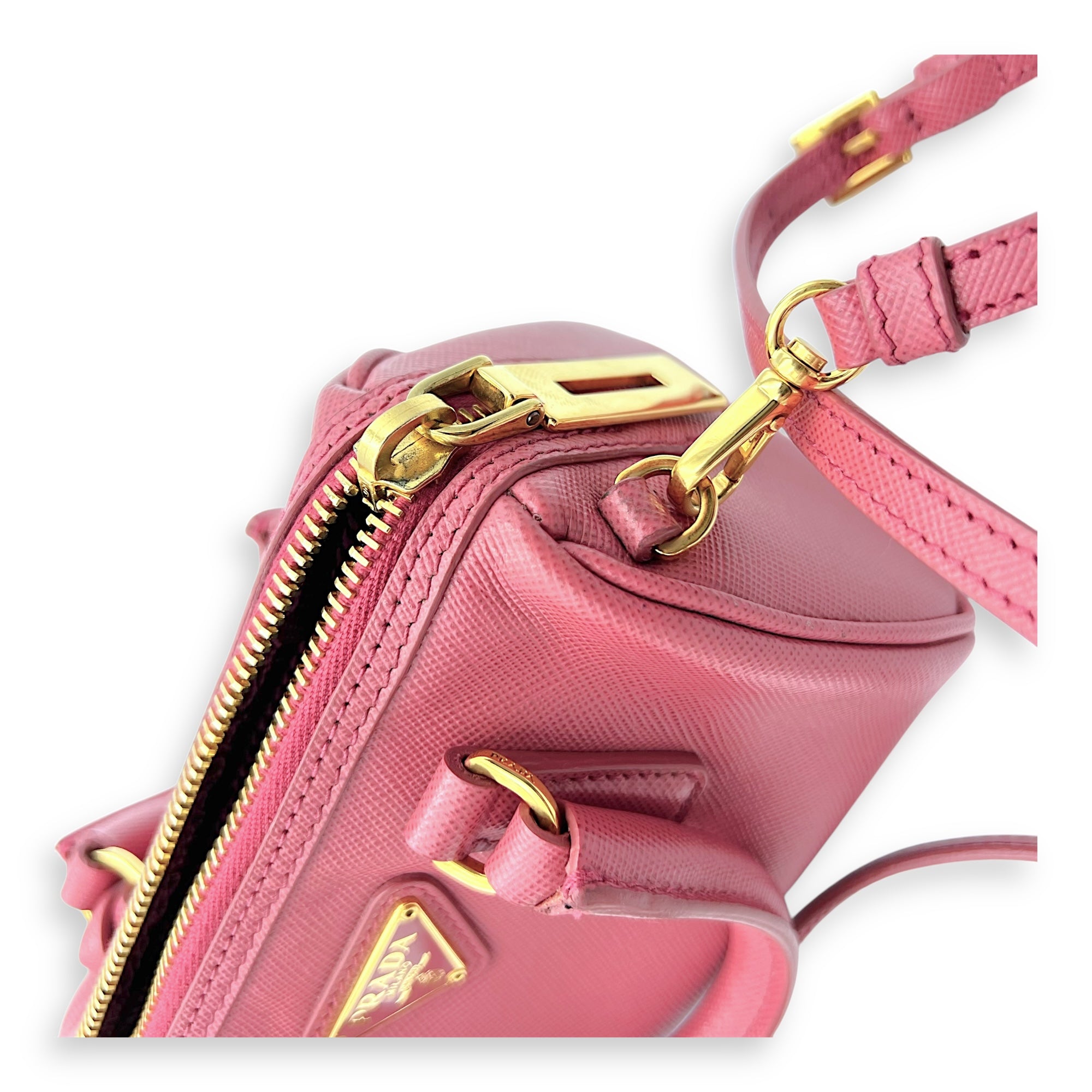 Prada Convertible Bowler Boston Mini Pink Top Handle Bag in Saffiano Leather, Gold hardware_13