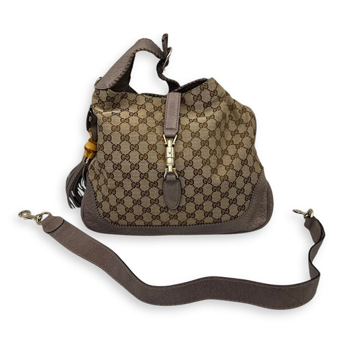 Gucci Jackie 1961 Shoulder Bag Brown in Canvas, Gold hardware_14