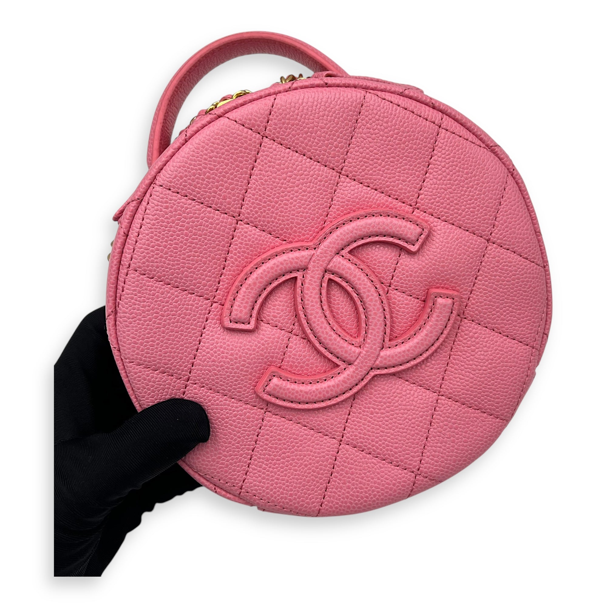 Chanel Round Crossbody Bag Pink in Caviar Leather, Gold hardware_7