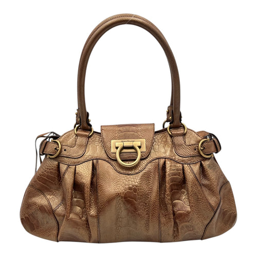 Salvatore Ferragamo Gancini Shoulder Bag Brown in Python Embossed Calfskin, Gold hardware_1