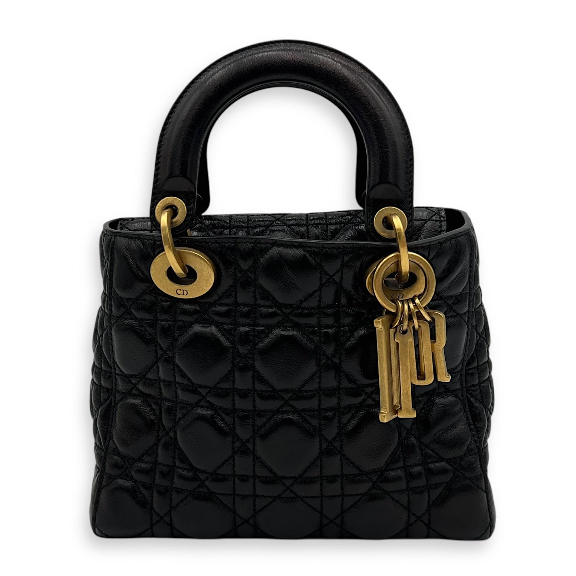 Christian Dior Lady Dior Top Handle Bag Small Black in Calfskin, Gold hardware_1